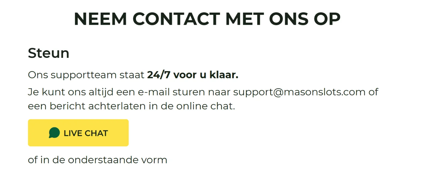 Klantenservice bij Mason Slots – 24/7 bereikbaar via live chat en e-mail