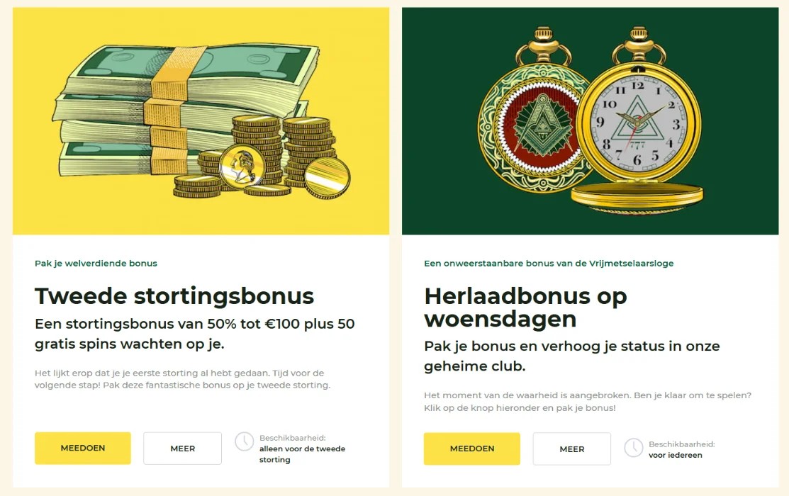 Promoties bij Mason Slots – herlaadbonus, geheime free spins en Drops & Wins toernooien
